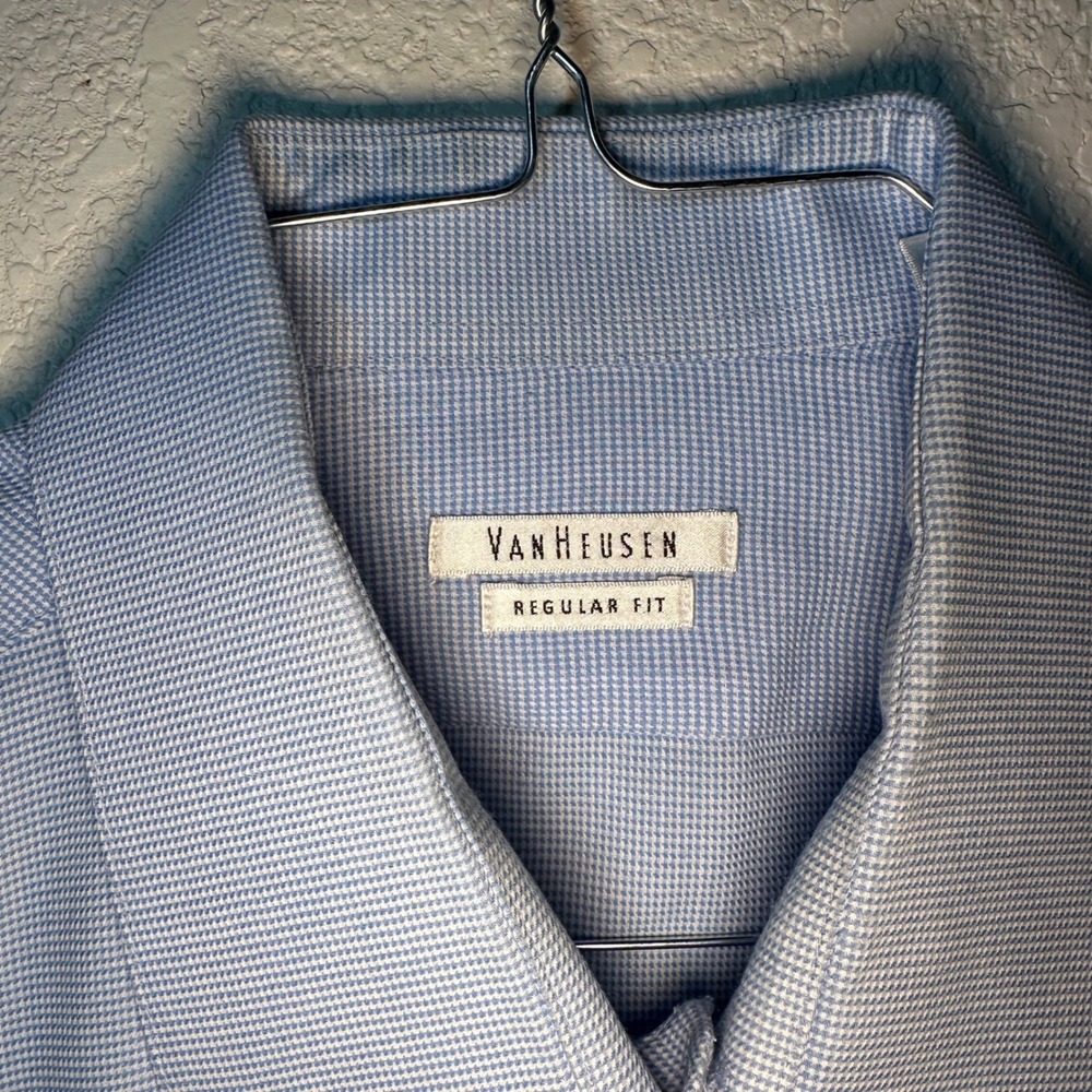 Van Heusen Mens XL‎ 17-17 1/2 Blue Check Regular Fit Dress Shirt Office - Picture 3 of 5